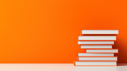 E-learning tablet interface concept. Stack of white books on white surface against orange background