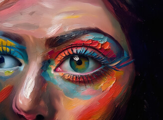 Close-up of a vibrant, impasto portrait focusing on a woman's eye.  Bold strokes of color create a...