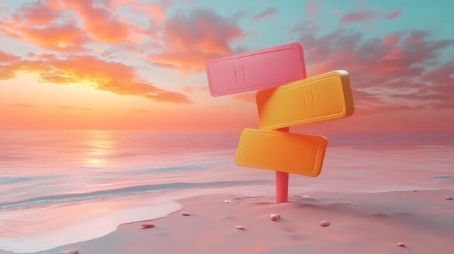 Colorful directional signs on a beach during sunset by the ocean with vibrant sky colors