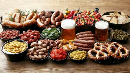 Famous Food of German concept. A vibrant spread of assorted meats, snacks, and beers on a wooden table.