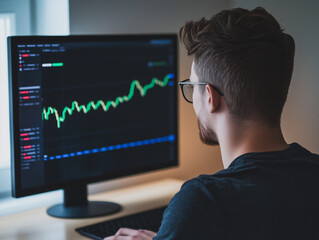 Stock Market Success: A young man intently studies a computer screen displaying a positive upward trending stock market graph, showcasing determination and focus in the pursuit of financial success. 