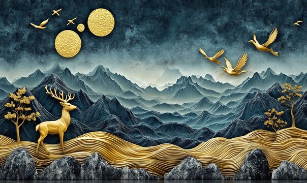 Golden deer, birds, mountains, serene landscape