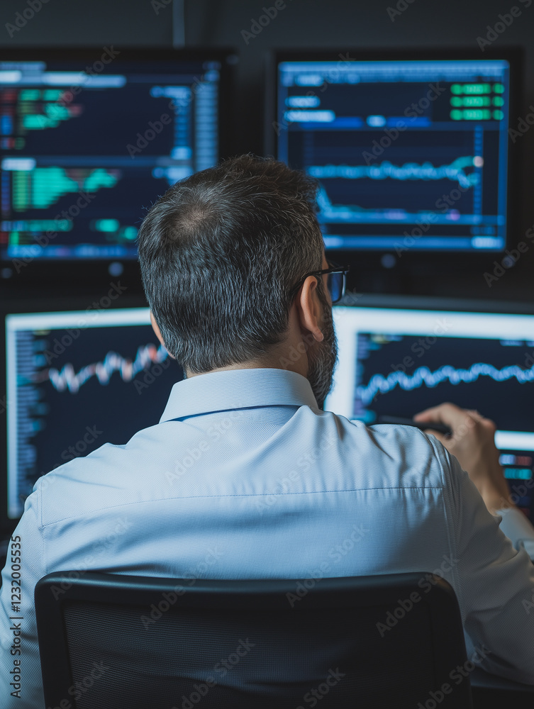 Poster night trader: a focused man sits before multiple monitors displaying complex financial data, analyzi