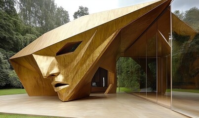 Golden face-shaped pavilion in a park with glass walls and lush greenery background, ideal for architectural design