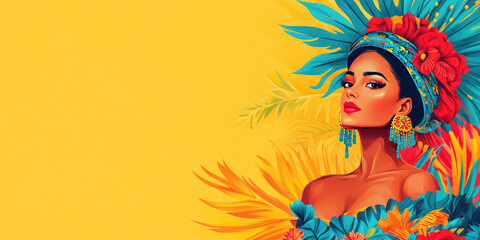 Brazil Carnival in Rio de Janeiro.Latin American woman in bright traditional clothes with feathers on a yellow background. Bright Illustration. Copy space. Banner, Flyer or Poster Template.