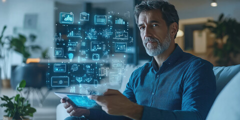 A man of retirement age holds a tablet and uses the Smart Home mobile application to control various smart home functions. sends text messages, communicates online, leisure, e-book, business