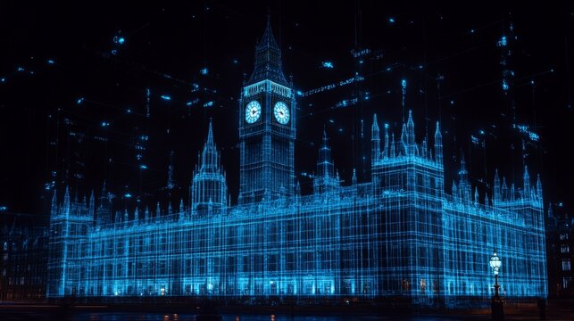 Historic Architecture Meets Digital Age UK Parliament Building Outlined in Neon Blue, Night Scene