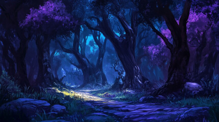 Scary dark forest at night. Halloween background with spooky woods. Vector cartoon illustration of creepy deep forest landscape with tree trunks, grass and stones