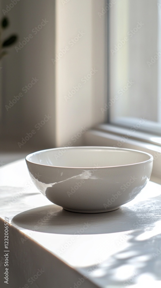 Poster Soft sunlight streams through the window, casting gentle shadows on a minimalist white ceramic bowl positioned elegantly on a smooth surface. The serene setting invites calm reflection