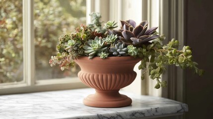 Fototapeta premium Succulent Plants in Terracotta Urn Window Setting