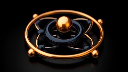 Atomic Structure Model: Abstract 3D rendering of an atom model with gold and dark blue elements against a black background. This image evokes feelings of science, technology, and innovation.
