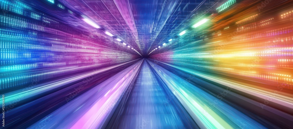 Poster abstract data tunnel with vibrant rainbow colors and glowing lines
