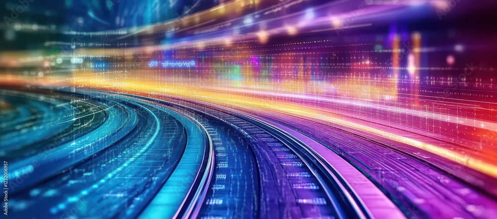 Poster Abstract Digital Data Network: Vibrant Colorful Lines and Curves Representing Speed and Connectivity