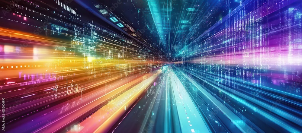 Poster abstract digital data stream: vibrant rainbow colors and dynamic light streaks