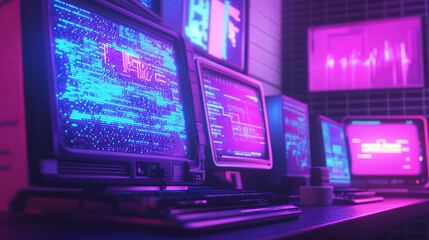 Fototapeta premium Social media posts with retro computer interface with glitch effect. Abstract posters templates with desktop PC screen design in retrowave style in neon colors, vector illustration