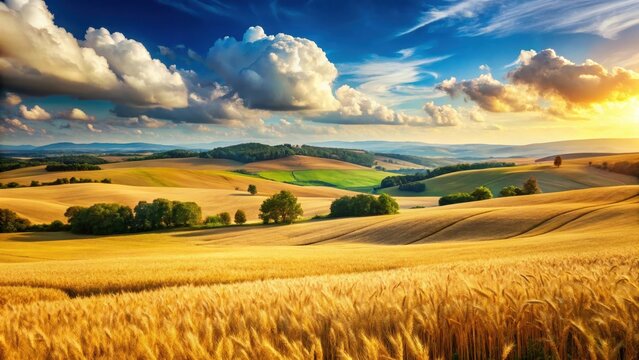Golden wheat fields on a sunny day with a few white clouds in the sky, surrounded by rolling hills and green trees, golden wheat field, countryside