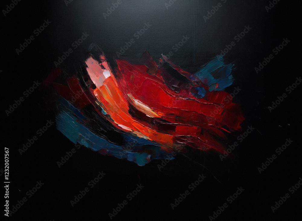 Poster dynamic interplay of red, orange, and teal oil paint strokes on a dark background. the colors blend 
