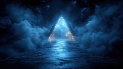 Glowing triangle portal, night, clouds, reflection, fantasy
