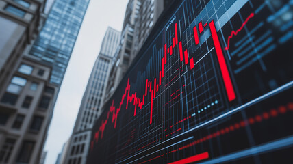 Financial Downturn: A stark visual representation of economic hardship, with a red stock market graph plummeting against a backdrop of towering city buildings.