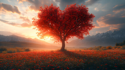 A tree with a heart shape in the middle of a field. The sky is cloudy and the sun is setting