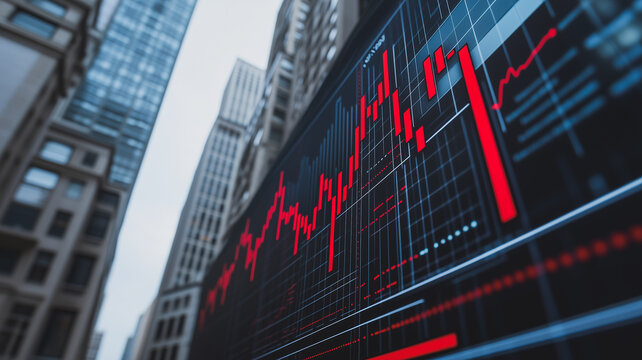 Financial Downturn: A stark visual representation of economic hardship, with a red stock market graph plummeting against a backdrop of towering city buildings.