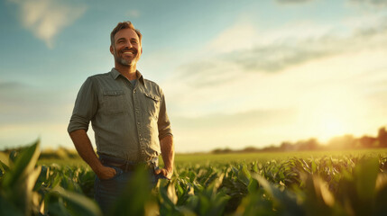 happy smiling farmer standing at green agriculture field