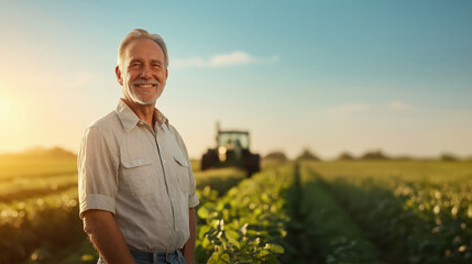 happy smiling farmer standing at green agriculture field