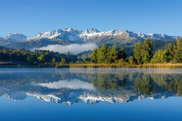 dawn reflection in mountain lake, perfect mirror image of snow-capped peaks, morning mist creating ethereal atmosphere