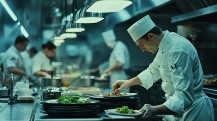 A chef plating a dish in a professional kitchen with a team working in the background