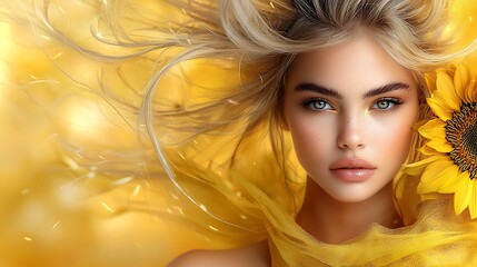 Fototapeta premium A close-up of a woman with intricate sunflower makeup, soft golden hues in the background, and her radiant expression embodying natural beauty and fashion. Ultra-Realistic, Photo Realistic, 