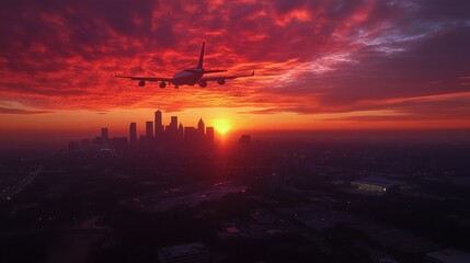 Airplane Flying Over City at Dramatic Sunset