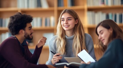 Students engage in a study session at a library, sharing ideas and notes while preparing for upcoming exams
