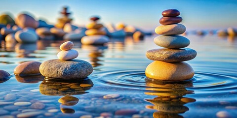 Obraz premium Water-covered stones with a balance of rounded and angular shapes, displaying a sense of harmony in nature, serenity