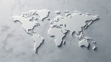 A realistic three-dimensional world map with raised continents and detailed shadows on a textured concrete background giving a modern feel
