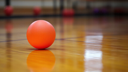 Bright orange dodgeball bouncing on polished gym floor during a game