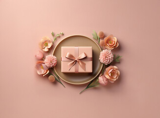 Naklejka premium A blush pink gift box with a satin ribbon rests on a matching plate, encircled by delicate peach-colored flowers. A minimalist, elegant presentation.