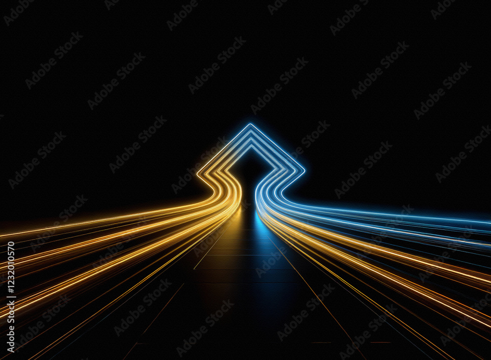 Poster Abstract image of glowing neon lines converging into a geometric archway.  The vibrant colors create a dynamic, futuristic feel.