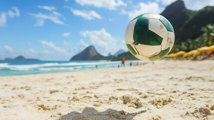 Obraz premium Footvolley ball spins above Brazilian beach, capturing the essence of summer fun