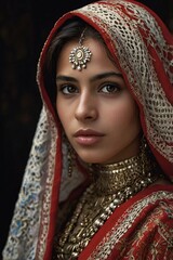 A stunning syrian woman in her early twenties is depicted in a captivating image. She exudes beauty and mystery, her attire adorned with the colors of the syrian flag.