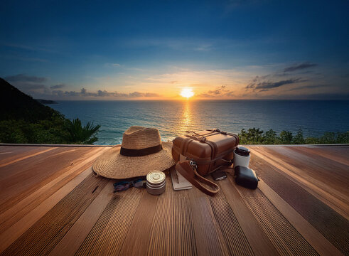 Sunset over ocean, travel essentials on wooden deck.  Straw hat, vintage suitcase, sunglasses, camera, and journal await adventure.  Warm, inviting scene.