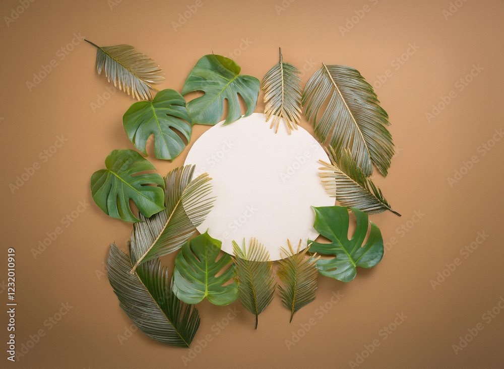 Poster a blank circular sign is surrounded by lush, tropical leaves arranged in a circular pattern against 