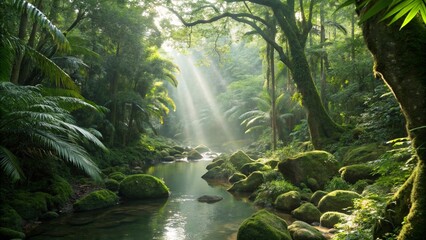 Fototapeta premium Peaceful Jungle Stream with Sunlight and Moss