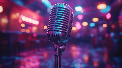 Retro Microphone on Stage in a Colorful Nightclub