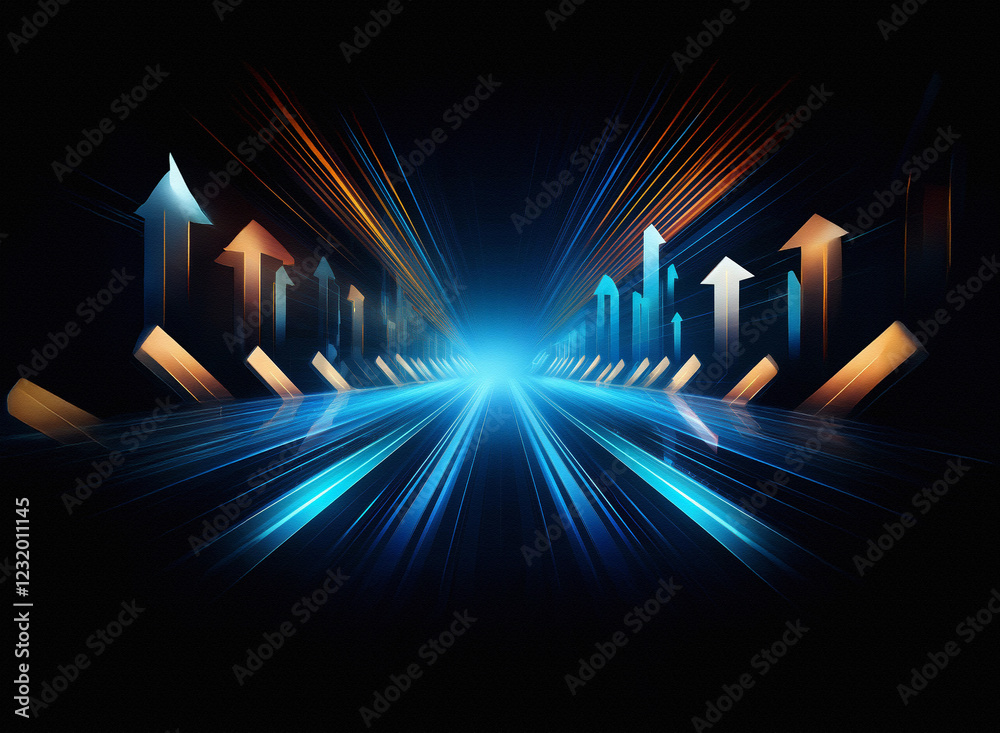 Poster Abstract digital art depicting a glowing highway leading into a bright future, symbolized by upward-pointing arrows.  The scene is dynamic and suggestive of progress and speed.