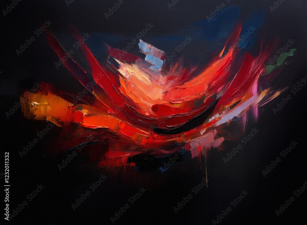 Poster a vibrant explosion of color, predominantly reds and oranges, bursts forth from a dark background. t