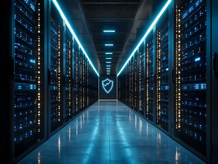 Fototapeta premium Secure data center server room, glowing lights