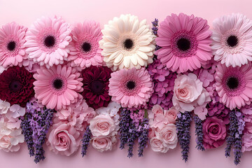 Pink and Purple Flower Border with Gerbera Daisies and Roses