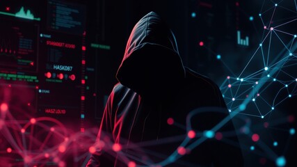 Mysterious Figure in Hoodie Surrounded by Digital Data and Network Graphics in Dark Environment