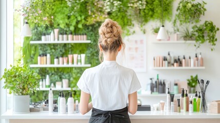 A woman is sitting at a counter in a store with many bottles and a potted plant
