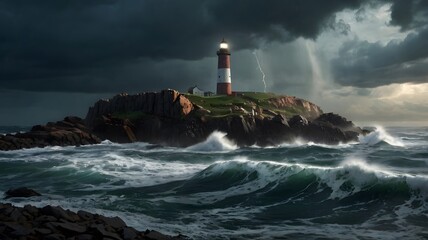 Obraz premium Dramatic Lightning Strikes Near Lighthouse Dramatic Photography on the Ocean